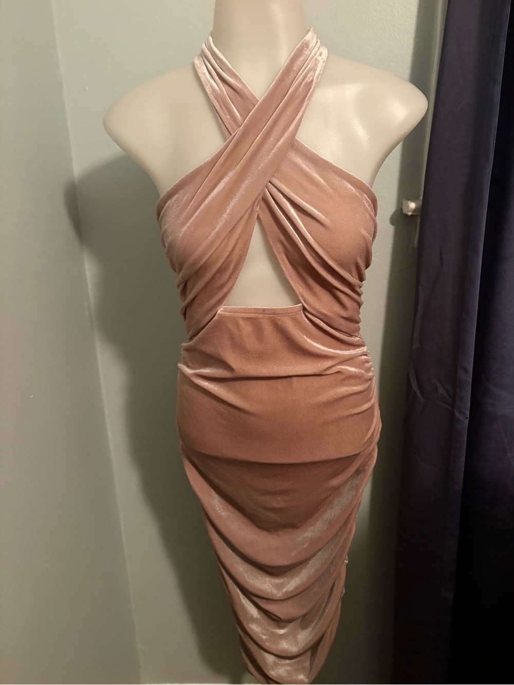 Venus Blush Pink Velvet Ruched Halter Cutout Mini Dress